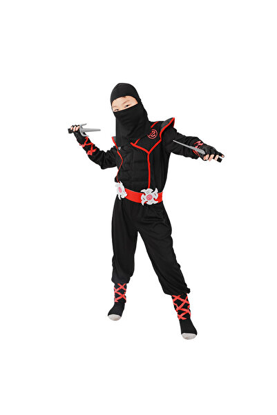 OEM Costum Ninja Copii - Set 8 Piese cu Shuriken, Masca, Manusi si Accesorii, 4-5 ani, 120 cm, Negru