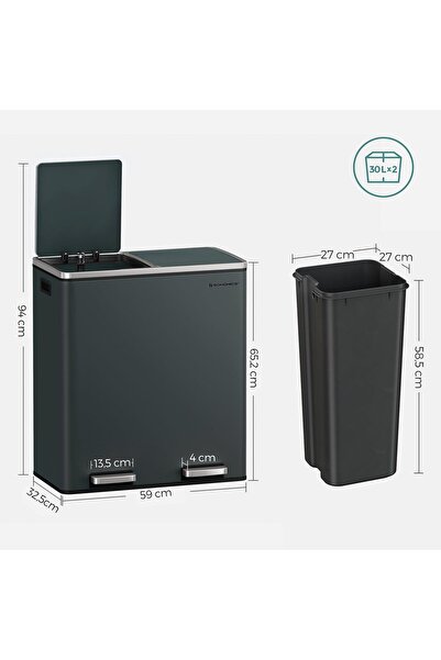 SONGMICS Stainless steel waste bin with 2 selective collection compartments, 2x30 liters, gray