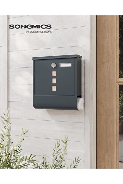 SONGMICS Outdoor Mailbox, for Fence or Wall, Galvanized Steel, with Lock, 31x10x34cm, Gray