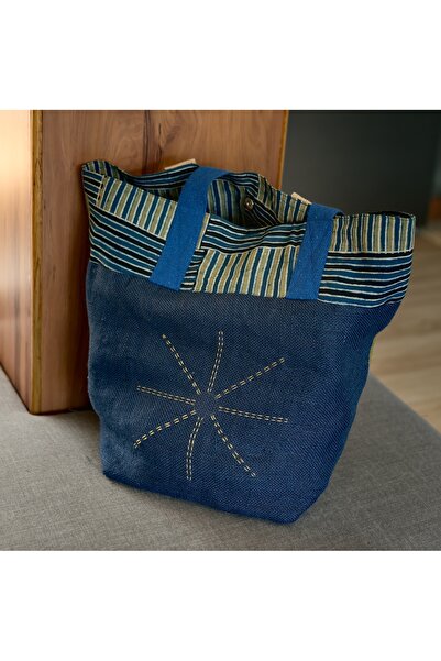 Ohrna BIPONI Handcrafted 3 in 1 Tote Bag Eco-Friendly Jute & Cotton Ajrakh Hand Printed Navy Olive