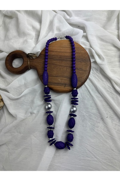 SEDEF TAKI Mor Vintage uzun el işlemeli kolye