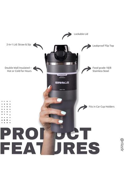 Riizzlr 1000ml Insulated Water Bottle Tumbler with 2-in-1 Straw & Sip Lid – Hot 12H / Cold 24H