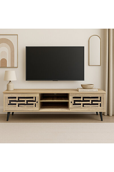 TrentonGCC Modern MDF TV Cabinet 160cm with Storage Shelves, Woven Door Design & Heavy Duty Plastic Legs