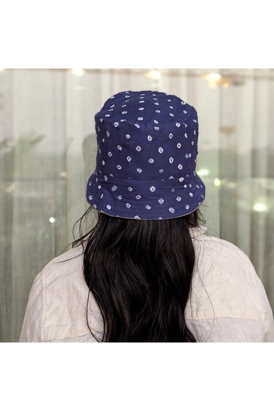 Ohrna KIRIT Handcrafted 2 Ways Style Sun-Protective Reversible Jute & Ajrakh Bucket Hat Gray Blue