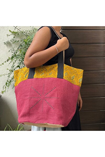 Ohrna BIPONI Handcrafted 3 in 1 Tote Bag Eco-Friendly Jute & Cotton Ajrakh Hand Printed Brown Maroon