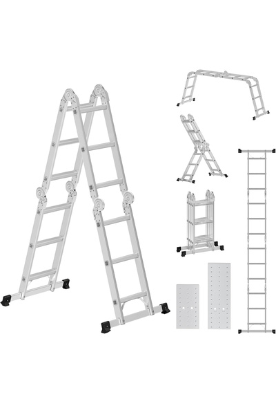SONGMICS Scară multifuncțională din aluminiu, cu 2 platforme, 12 trepte, capacitate de încărcare 150 kg