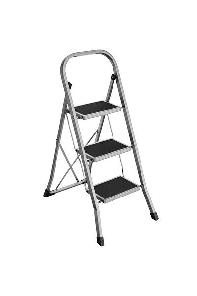 SONGMICS 3-Step Folding Ladder, Non-Slip Rubber, Load Capacity 150 kg, Steel, 47x75x105cm, Gray