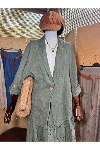 Matcha Butik Kadın Keten Haki Yeşili Oversize Bohem Çizgili Blazer Ceket