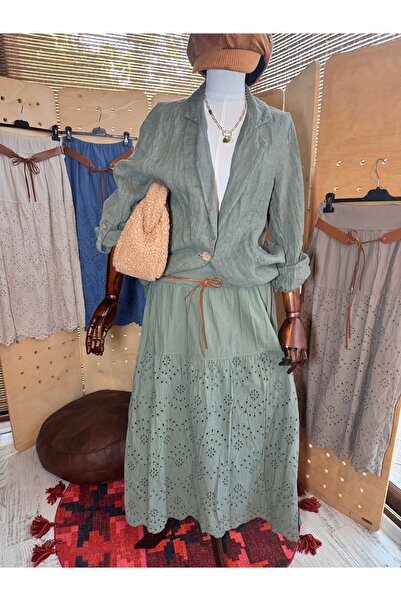 Matcha Butik Kadın Haki Yeşili Beli Lastikli Brodeli Bohem Uzun Etek – Standart Beden