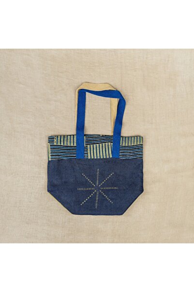 Ohrna BIPONI Handcrafted 3 in 1 Tote Bag Eco-Friendly Jute & Cotton Ajrakh Hand Printed Navy Olive