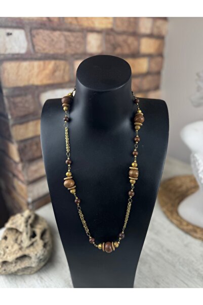 SEDEF TAKI Zincirli ahşap boncuklu kolye