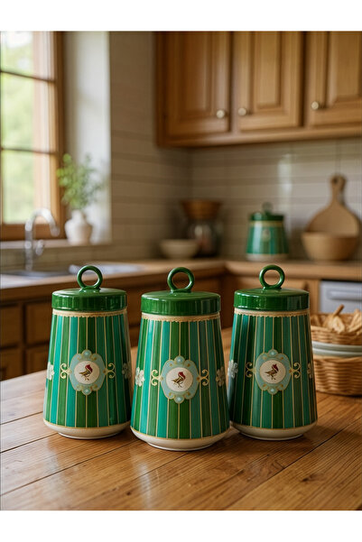 Yumuk Shop 3-Piece Luxury Piano Bird Green 750 ml Jar Set Vacuum Lid Storage Container