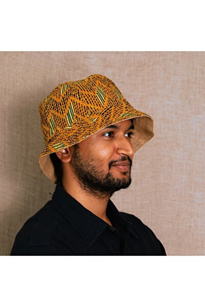 Ohrna KIRIT Handcrafted 2 Ways Style Sun-Protective Reversible Jute & Ajrakh Bucket Hat Beige Yellow