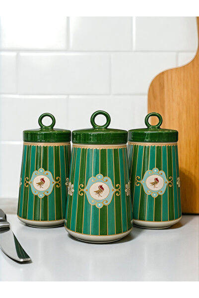 Yumuk Shop 3-Piece Luxury Piano Bird Green 750 ml Jar Set Vacuum Lid Storage Container