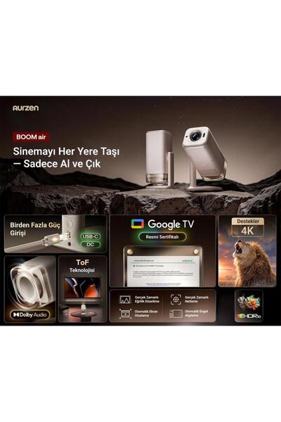Vankyo Aurzen Boom Air Android Google TV 4K Destekli Projeksiyon Cihazı +HDR10+ToF Auto Focus+Auto K