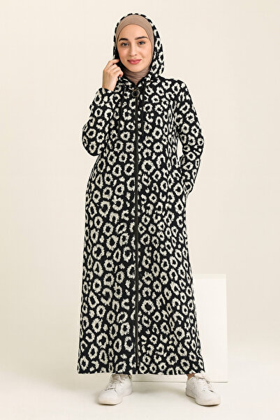 Gül Tesettür Kalın Triko Kumaş Desenli Kapüşonlu Kap-Günlük,Rahat,Normal ve B...