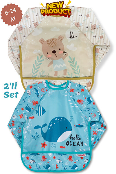 Apronica قطعتان من مريلة الأطفال طويلة الأكمام بنمط الحوت والدب، مقاومة للسوا...