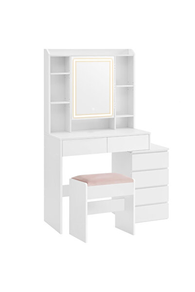 VASAGLE Dressing table with stool and mirror, adjustable LED lighting, 6 drawers, 98x40x145 cm,white
