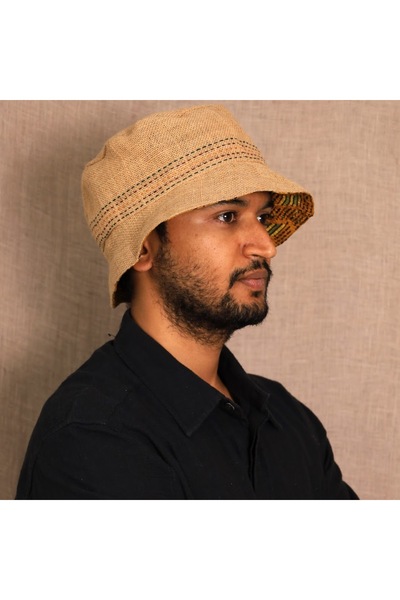 Ohrna KIRIT Handcrafted 2 Ways Style Sun-Protective Reversible Jute & Ajrakh Bucket Hat Beige Yellow