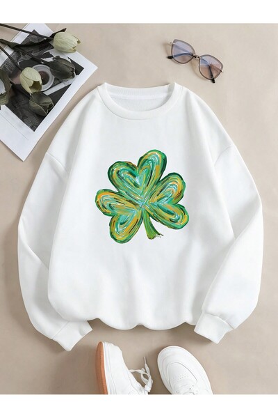 StartMore سترة صوفية مطبوعة بأوراق البرسيم الرباعية مقاس كبير، ملابس خريفية