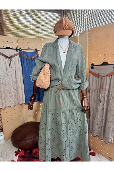 Matcha Butik Kadın Haki Yeşili Beli Lastikli Brodeli Bohem Uzun Etek – Standart Beden