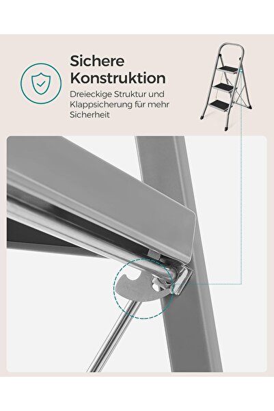 SONGMICS 3-Step Folding Ladder, Non-Slip Rubber, Load Capacity 150 kg, Steel, 47x75x105cm, Gray