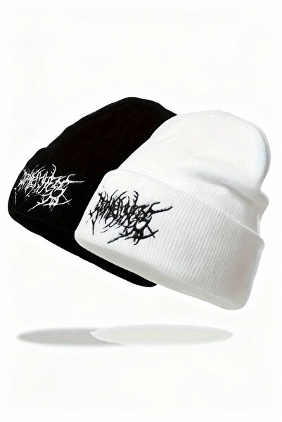 KISCHE Acrylic Gothic Embroidered Pinterest Black and White Set of 2 Beanies