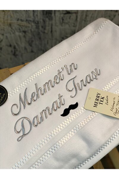 MERRY TEK İsimli Damat Tıraşı Havlusu Söz Nişan Düğün Hediye Gümüş Metalik Na...