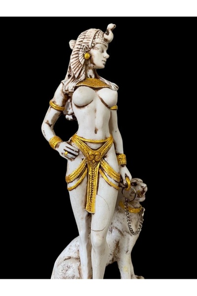 srs dizayn Özel Tasarım Kleopatra ve Kedisi Temalı Mermer Döküm Gold İşlemeli Heykel 25 cm