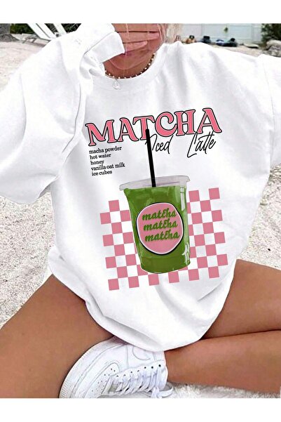 StartMore سترة نسائية فضفاضة غير رسمية بطباعة مشروب الماتشا، برقبة مستديرة وأ...