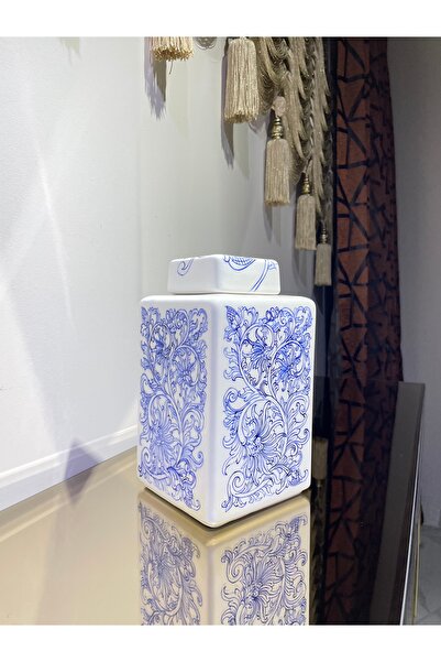 Gökkuşağı El Yapımı Mavi ve Beyaz Desenli Çini Vazo & kavanoz (25cm) Özel tas...