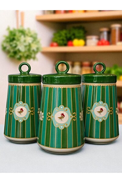 Yumuk Shop 3-Piece Luxury Piano Bird Green 750 ml Jar Set Vacuum Lid Storage Container