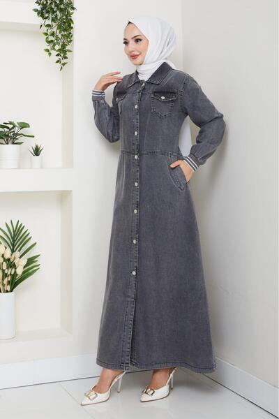 Hb Harma Time Butik Kadın Cepli Düğmeli Ribana Detaylı Kot Siyah Uzun Kap