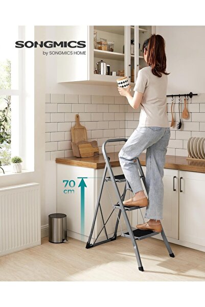 SONGMICS 3-Step Folding Ladder, Non-Slip Rubber, Load Capacity 150 kg, Steel, 47x75x105cm, Gray