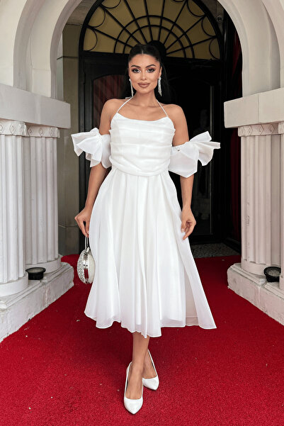 giyimmasalı Organza Tulle Fabric Back Detailed Midi Dress - White