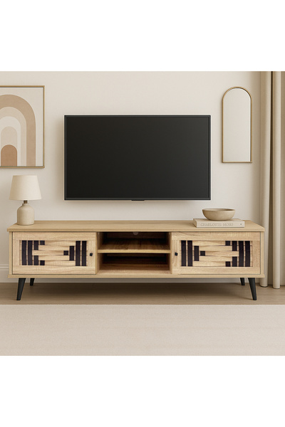 TrentonGCC Modern MDF TV Cabinet 140cm with Storage Shelves, Woven Door Design & Heavy Duty Plastic Legs