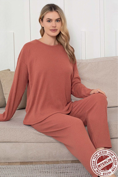 Farya Home Thick Winter Interlock Stripe Long Sleeve Knitted Pajamas Set