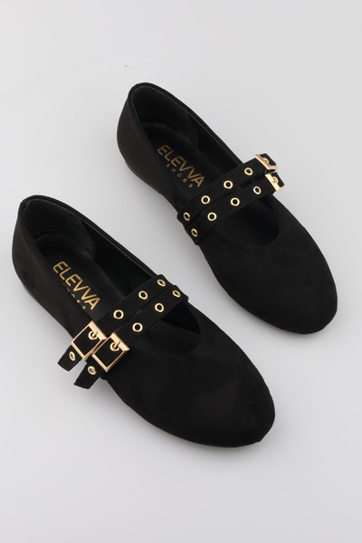 moon glow Black Suede Color Studded Double Buckle Women's Ballerinas |   Daily Comfortable Flat Sole Mary Jane Shoes Fashion