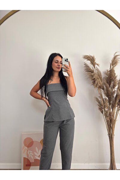 DUSOHOME Women's Gray Strapless Fabric Set – Two-Piece Set