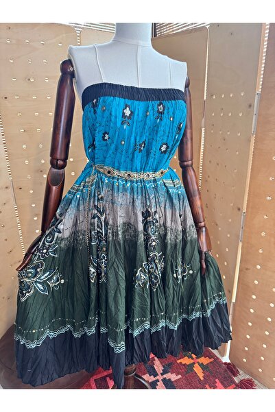 Matcha Butik Kadın Mavi Yeşil Hint İşlemeli Bohem Etek