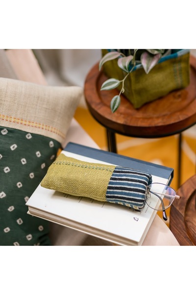 Ohrna Hand-Embroidered Eyeglass Pouch Natural Jute with Ikat Lining with Cotton Cushioning
