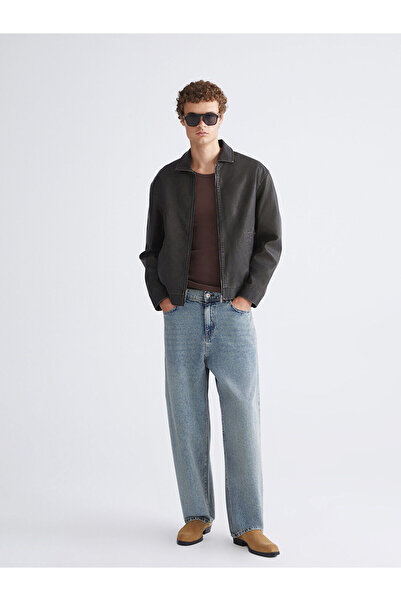 LC Waikiki Yeni Sezon Rahat Kalıp Gömlek Yaka Erkek Deri Görünümlü Mont