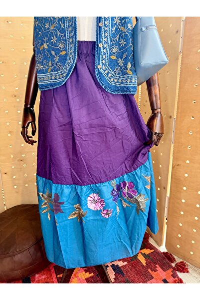 Matcha Butik Women's Floral Patterned Purple Blue Maxi Bohemian Skirt