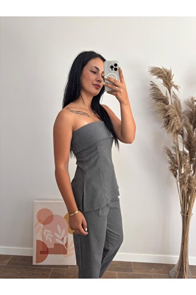 DUSOHOME Women's Gray Strapless Fabric Set – Two-Piece Set