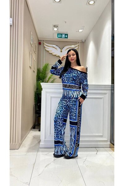 bonibon butikk Women's High Quality Leopard Print Velvet Shoulder Detail Wide Leg Top and Bottom Set