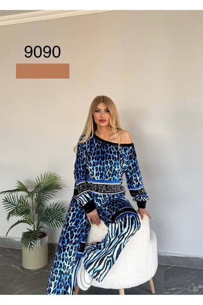 bonibon butikk Women's High Quality Leopard Print Velvet Shoulder Detail Wide Leg Top and Bottom Set
