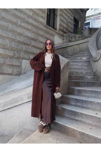 Miss Beyoğlu Γυναικεία Μακριά Πλεκτή Ζακέτα Oversize - Καφέ - Τυπικό Μέγεθος