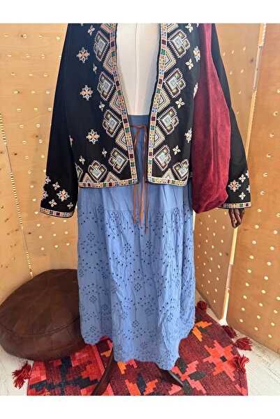 Matcha Butik Kadın Brodeli Mavi Maxi Bohem Etek - Standart Beden