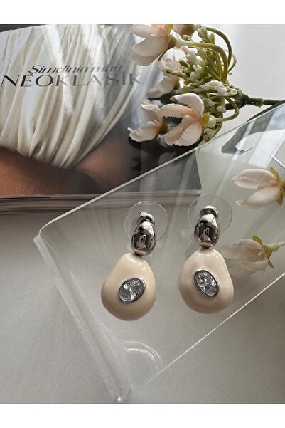 MODA Gümüş & Krem Premium Taşlı Küpe 20 mm