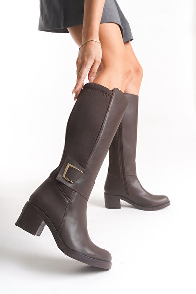 ds Dicle Stil Brown Women's Buckle Detailed Zippered Boots